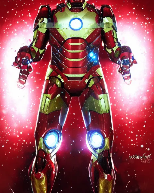 Image similar to ironman in a christmas themed suit, dynamic lighting, fantasy concept art, trending on art station, stunning visuals, creative, cinematic, ultra detailed