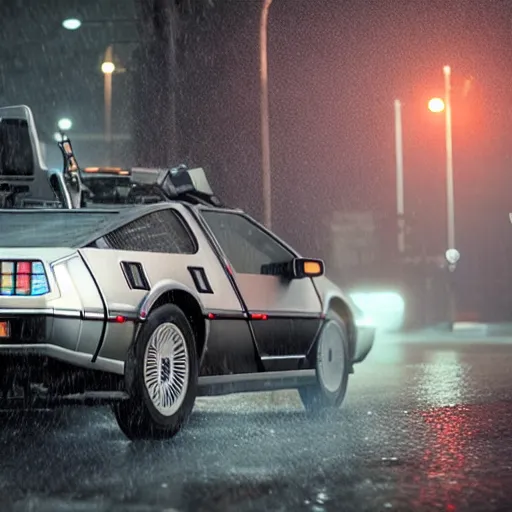 Image similar to hyperdetailed, photorealistic photograph of a dmc 1 2 delorean driving in the streets, rain, night, dense fog, hd, unreal engine 5