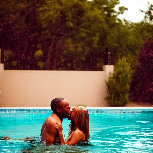 Prompt: african american man and blonde woman kissing in the rain at a pool.