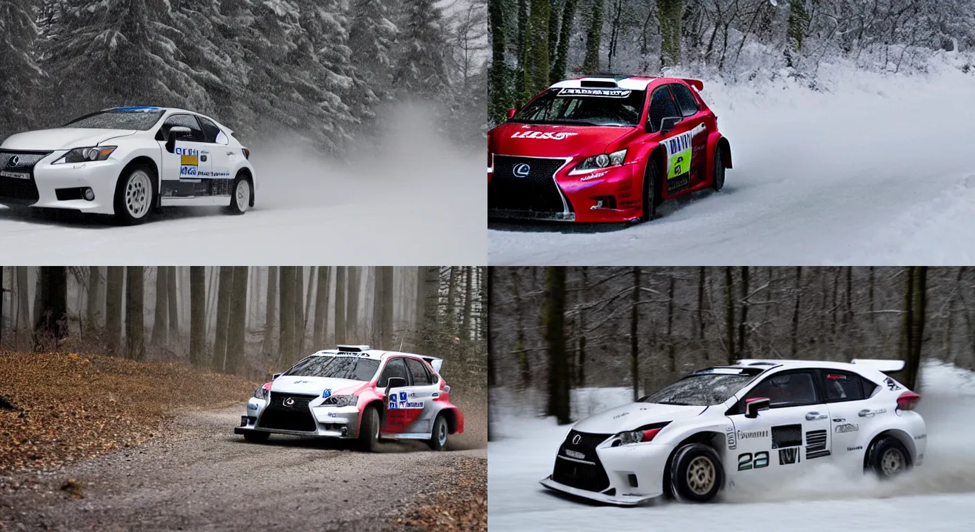 Prompt: a 2 0 1 1 lexus ct 2 0 0 h, racing through a rally stage in a snowy forest