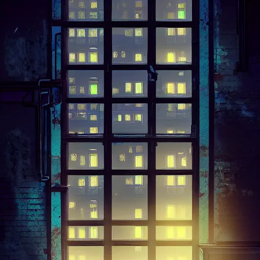 Image similar to One dilapidated building with only one window glowing. ArtStation, Cyberpunk, Vertical Symmetry, 8K, Highly Detailed, Intricate, Album Art.