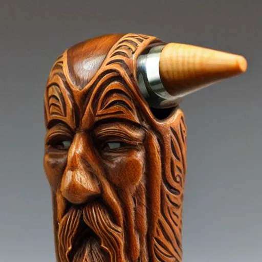 Image similar to beautiful hand carved norse pipe, long gandalf style,