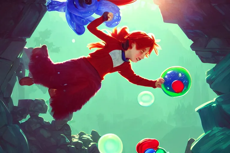 Image similar to madeline from celeste jumping to a green jelly bubble, ( ( ( blue bubble jacket ) ) ) ( ( ( red long hair ) ) ), highly detailed, digital painting, artstation, concept art, sharp focus, illustration, art by greg rutkowski and alphonse mucha