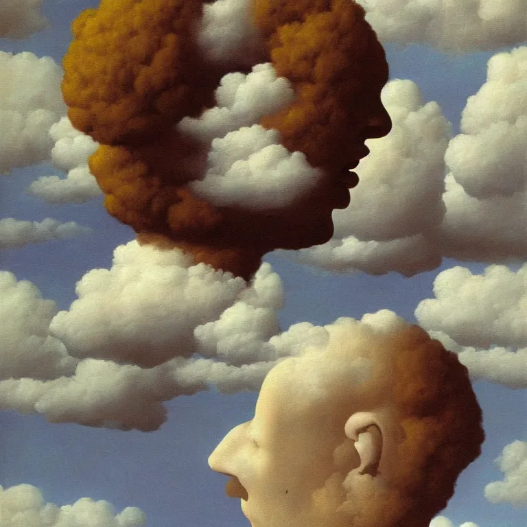 Image similar to portrait of a cloud head, by rene magritte, detailed painting, hd, hq, high resolution, high detail, 4 k, 8 k