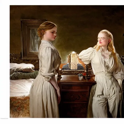 Image similar to leyendecker and peter paul rubens, head and shoulders portrait of a elle fanning in the world of andrew wyeth, nighttime, starry sky, unreal engine, fantasy art by global illumination, radiant light, detailed and intricate environment