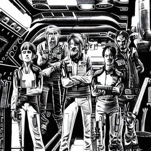 Image similar to scruffy punk starship crew in engine room of nostromo, extraterrestrials, alien 1 9 7 9, ron cobb, jim henson creature shop, mike mignogna, highly detailed, comic book, science fiction, used future