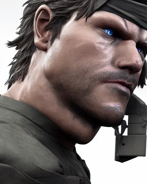 Image similar to solid snake bust portrait, cinematic lighting, backlit face, tired expression, close - up, black atmospheric background, 4 k ultra detailed photorealistic render, best of artstation hdr, redshift houdini