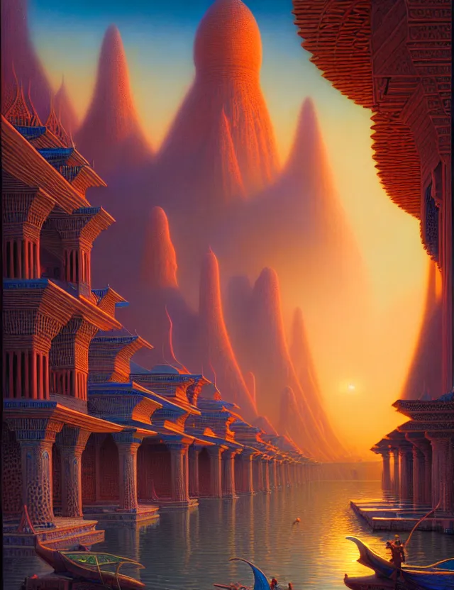 Prompt: infinite lagoon, palace light technology, morrocan and thai architecture, tim hildebrandt, bruce pennington, wayne barlowe, donato giancola, trending on artstation, cinematic composition, beautiful lighting, hyper detailed, 8 k, oil on canvas