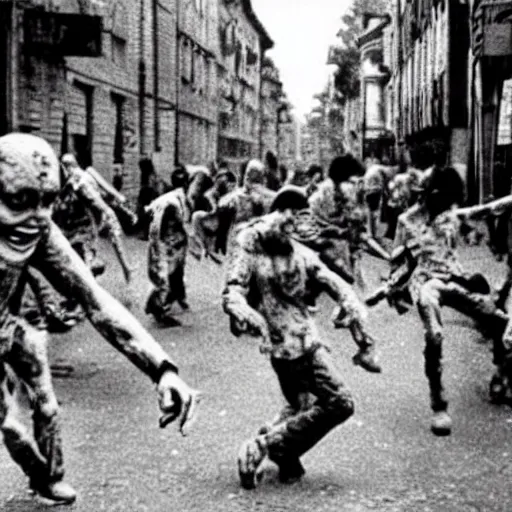 Prompt: a photo of the famous zombie invasion in the streets of Vichy, 1984