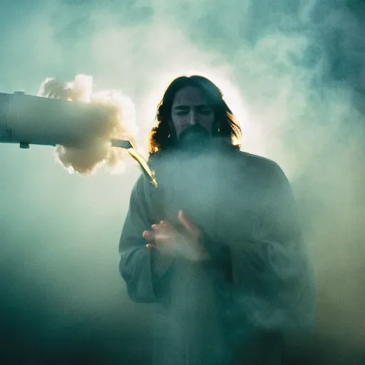 Image similar to jesus christ exhaling a huge smoke cloud from his holy bong, award winning candid photography