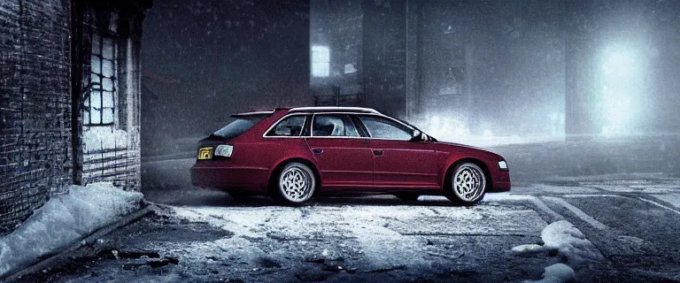 Image similar to Audi A4 B6 Avant (2002), eldritch horror anomaly, a gritty neo-noir, dramatic lighting, cinematic, eerie person, death, homicide, homicide in the snow, gunshots, establishing shot, extremely high detail, photorealistic, red fog, chaos, arson, burning city, cinematic lighting, artstation, by simon stalenhag, Max Payne (PC) (2001) winter New York at night, In the style of Max Payne 1 graphic novel, flashing lights, Poets of the Fall - Late Goodbye