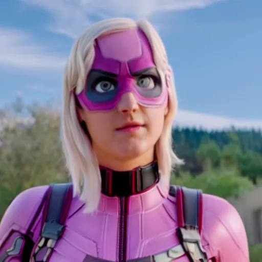 Image similar to A still of Shailene Woodley as Gwenpool in Deadpool 3 (2023), blonde hair with pink highlights, no mask, white and light-pink outfit