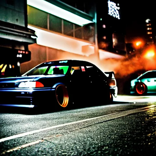 Prompt: a car JZX100 turbo drift at illegal car meet, Shibuya prefecture, midnight mist lights, cinematic color, photorealistic, highly detailed wheels, 200MM
