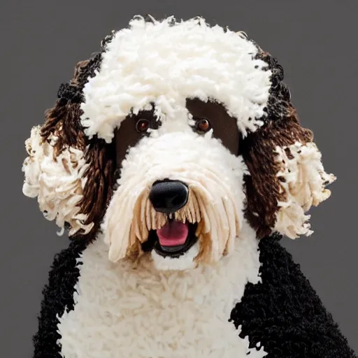 Image similar to a closeup photorealistic photograph of a smiling knitted bernedoodle judge dog dressed in a black gown, presiding over the courthouse. indoors, professional capture, well lit shot. this 4 k hd image is trending on artstation, featured on behance, well - rendered, extra crisp, features intricate detail, epic composition and the style of unreal engine.