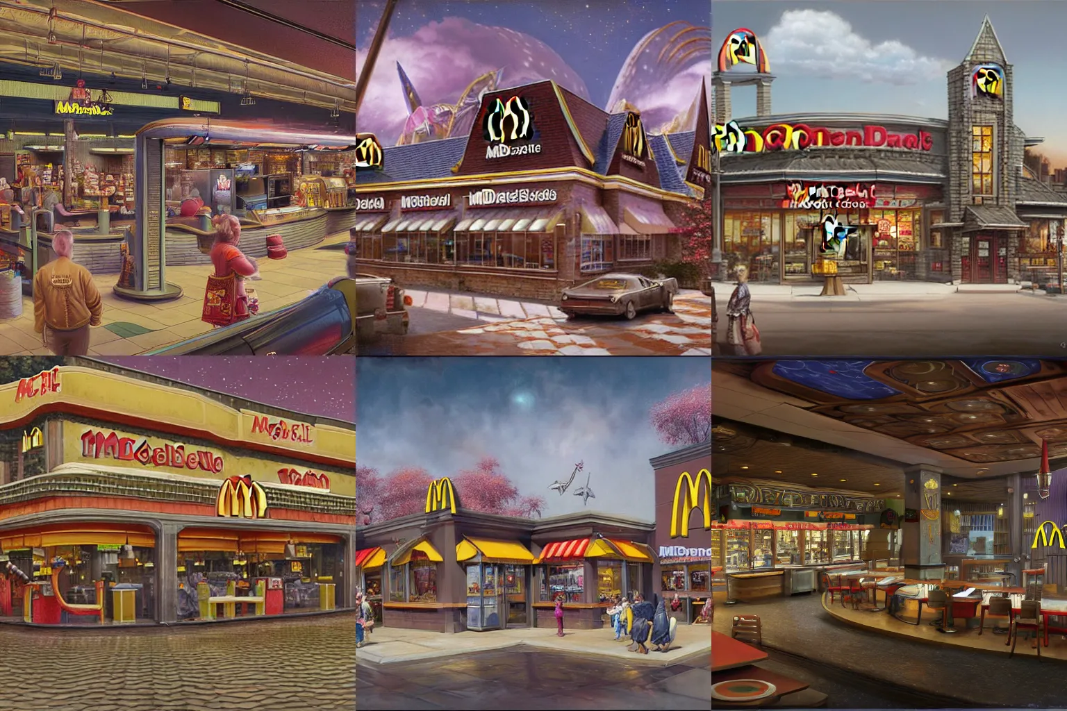 Prompt: a beautiful and highly detailed matte painting of a mcdonalds in a magical fantasy space station, intricate details, insanely complex, 8 k, sharp focus, hyperrealism, very realistic, by james gurney.