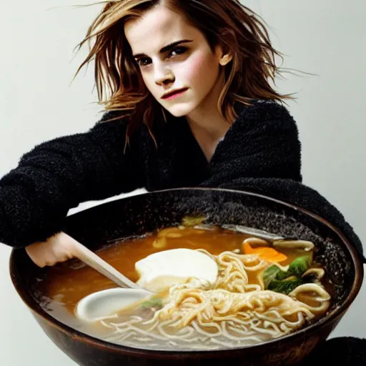 Image similar to emma watson bathing in a big bowl of ramen. architectural digest.