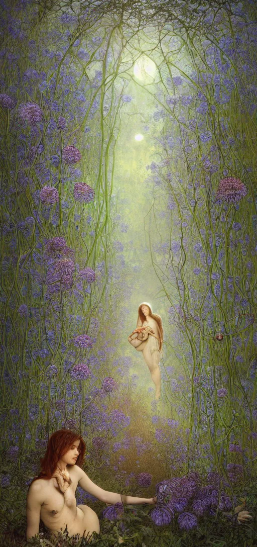 Image similar to painterly dreamy Kupala Night in the blue night forest with trees which have eyes, giant flowers, glowing owls, deers, beautiful women, lianas, thistles, giant fantasy creatures, a stream and sky with moon and stars by Alphonse Mucha, Beksinski, Alex Grey, Aron Wiesenfeld, tranding on artstation and Giger dark fantasy, witcher, very detailed oil painting in the alla prima style, volumetric lighting, masterpiece, 8k