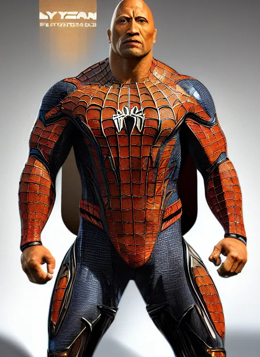 Image similar to hyper realistic dwayne johnson as spiderman in a obsidian metal armor, futuristic design, designed by makoto kobayashi and luca zampriolo, portrait, cyberpunk style, wood and gold details, intricate, extremely detailed, ornate, deep of field, hard surface, exoskeleton, substance designer metal unreal engine. amazing likeness. very detailed.