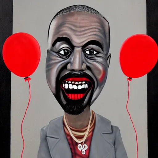 Image similar to grunge painting of kanye with a wide smile and a red balloon by chris leib, loony toons style, pennywise style, corpse bride style, horror theme, detailed, elegant, intricate