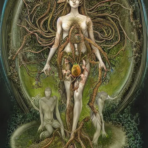 Prompt: the transcendent being depiction of the goddess babalon, entangled with nature, fungi, mycelial, lichen, moss, by james jean, clear, smooth, fleshy, realistic, divinity, mystical third eye, filigree, occult art, stunning