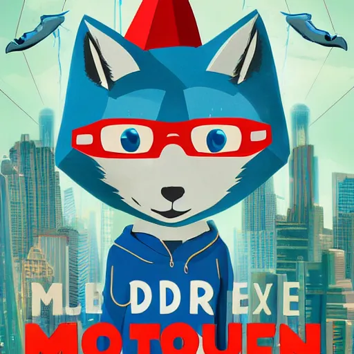 Image similar to modern adventure movie poster, featuring in anthropomorphic blue fox in a blue hoodie, artistic metro city background, promotional print media