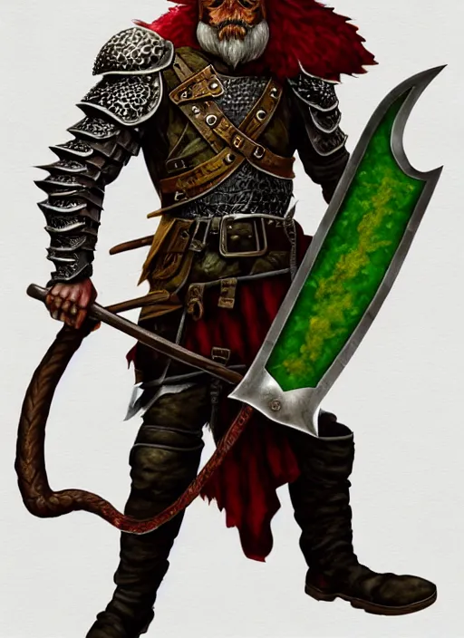 Image similar to strong young man, photorealistic bugbear ranger holding a flaming sword, black beard, dungeons and dragons, pathfinder, roleplaying game art, hunters gear, jeweled ornate leather and steel armour, concept art, character design on white background, by alan lee, norman rockwell, makoto shinkai, kim jung giu, poster art, colours red and green