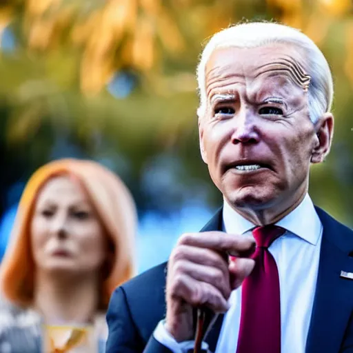 Image similar to photograph of a an alien, gray alien, wearing a blond wig and a red dress and ((Joe Biden)) at a press conference, highly detailed, 4K