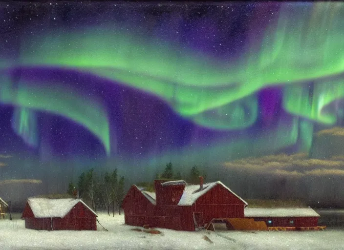 Image similar to aurora borealis above the snowed in fields and villages of lapland, finland in the style of hudson river school of art, oil on canvas