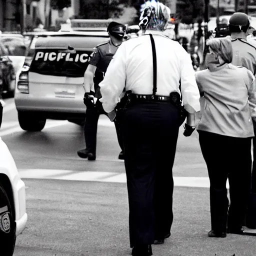 Image similar to Donald Trump being handcuffed and walked to a cop car, 35mm film, dslr photography