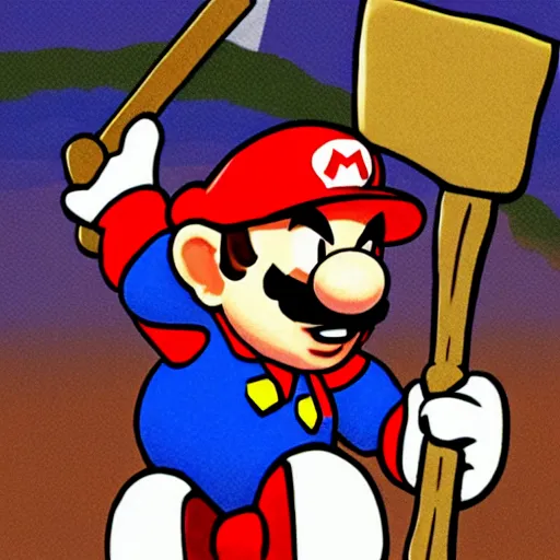 Image similar to medieval mario holding an axe, godfalls background