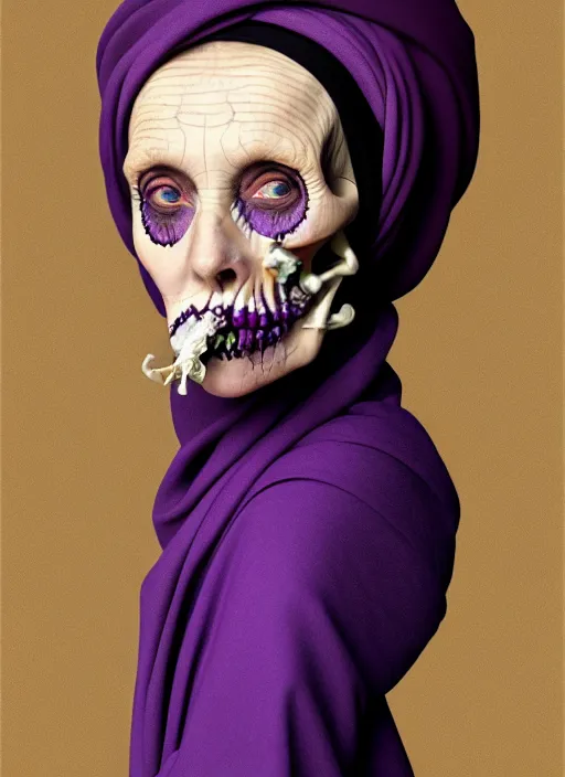 Prompt: portrait of a old year woman with a headscarf a dress of bones and piony snake smoke, purple colour scheme, full length, masterpiece, dark background, art by caravaggio, artstation