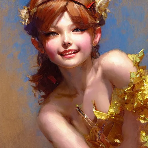 Prompt: a high fashion studio portrait of a smiling charming anime girl, chibi art, painting by gaston bussiere, craig mullins, j. c. leyendecker