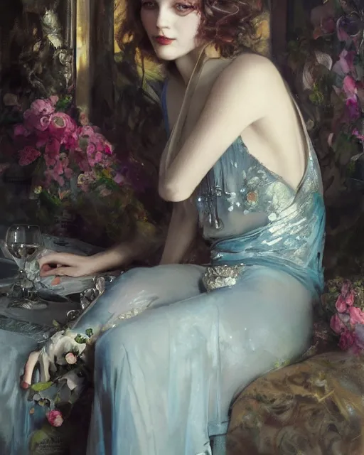 Prompt: daniel gerhartz and tom bagshaw close portrait digital painting of a 1 9 2 0 s beautiful woman at a party in a mansion, strong contrast, unreal engine, hyper realism, realistic shading, cinematic composition, realistic render, octane render, detailed textures, photorealistic, ultrawide shot, 3 5 mm film