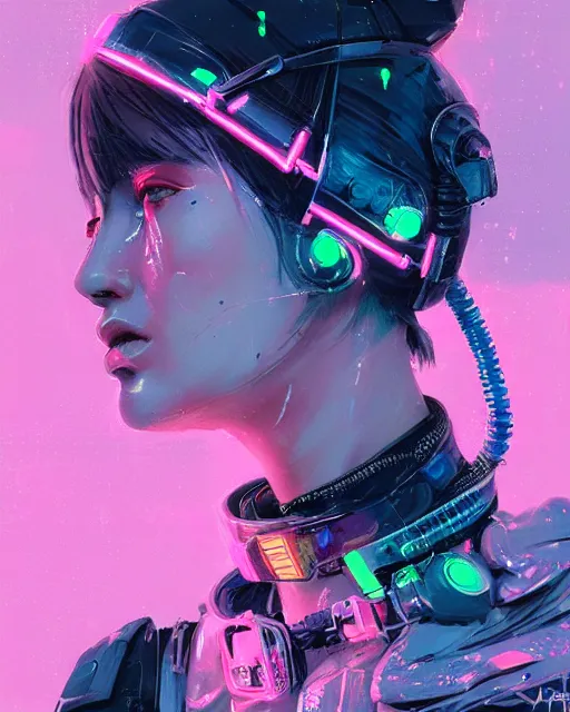 Image similar to detailed side profile portrait Neon Operator Girl, cyberpunk futuristic neon, reflective puffy coat, decorated with traditional Japanese ornaments by Ismail inceoglu dragan bibin hans thoma greg rutkowski Alexandros Pyromallis Nekro Rene Maritte Illustrated, Perfect face, fine details, realistic shaded, fine-face, pretty face