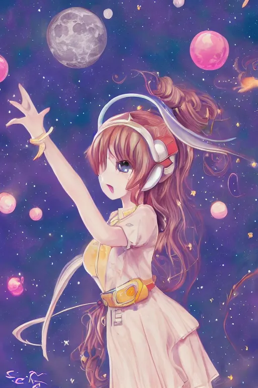 Prompt: anime girl space girl on the moon waving, cute, fantasy, intricate, elegant, highly detailed, digital painting, 4k, HDR, concept art, smooth, sharp focus, illustration, art by Serafleur