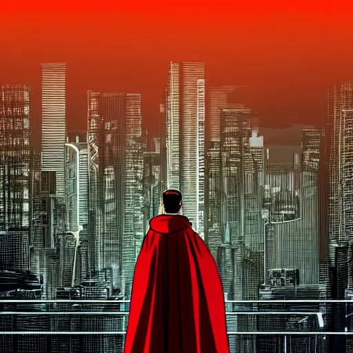 Image similar to a man in a long red cloak standing on the edge of the building looking at the city scape, synthwave digital art