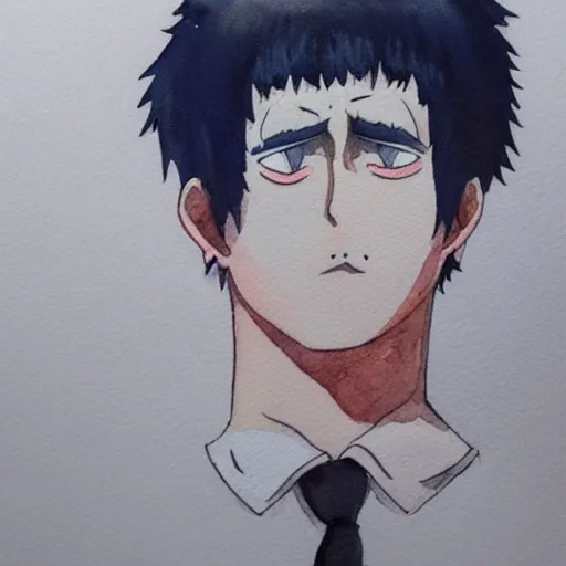 Prompt: A watercolor portrait of a character from Mob Psycho 100, 4k, in the style of Berserk, trending on artstation, tasteful, bokeh, hyperrealistic, highly detailed, good proportions