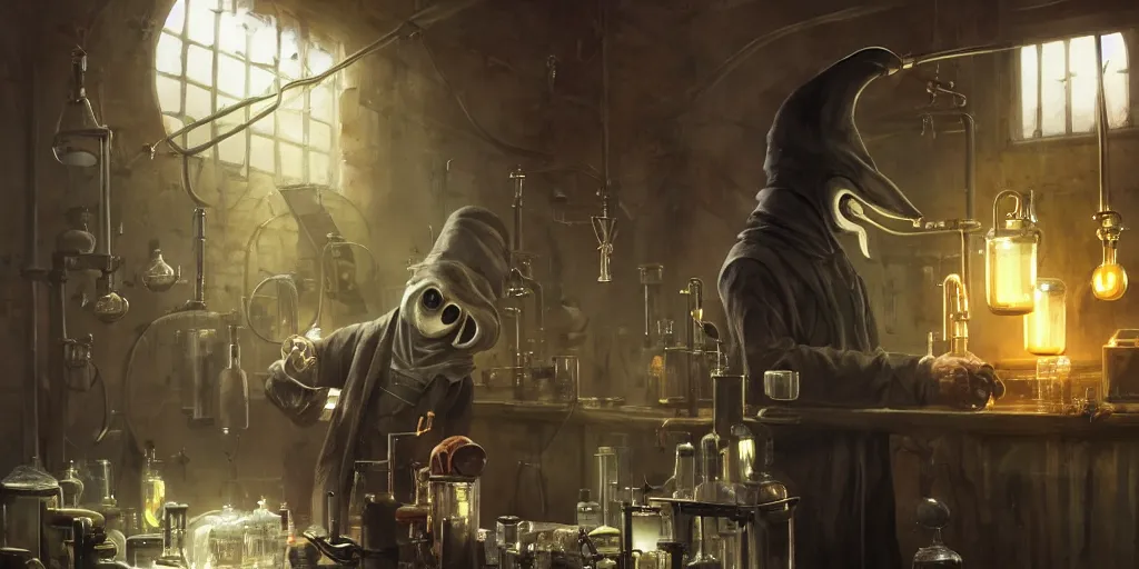 Image similar to a plague doctor and a humanoid rat in a laboratory with lots of flasks filled with magic liquids and poisonous fog, stephen bliss, unreal engine, fantasy art by greg rutkowski, loish, rhads, ferdinand knab, ilya kuvshinov, rossdraws, tom bagshaw, global illumination, radiant soft light, detailed and intricate environment