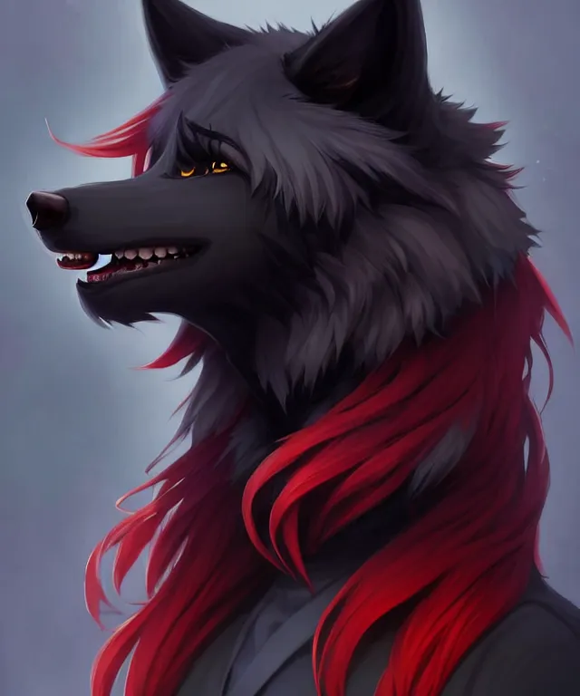 Image similar to character concept art of a black anthropomorphic male furry wolf long red hair | | cute - fine - face, pretty face, key visual, realistic shaded perfect face, fine details by stanley artgerm lau, wlop, rossdraws, james jean, andrei riabovitchev, marc simonetti, and sakimichan, trending on artstation