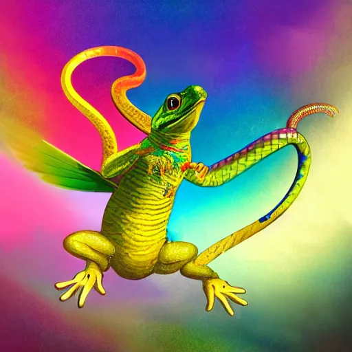 Prompt: A winged toad dances with a rainbow snake and a golden lizard, artstation, concept art, master illustration, details, good clear quality, fun - w 704