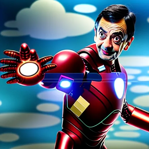 Image similar to mr. bean as ironman in the avengers movie. movie still. cinematic lighting.