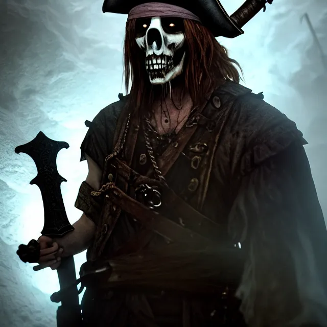 Image similar to realistic photo of a ghost pirate head and torso, holding a sword, standing in a grotto, dark, brooding, paul carrick, atmospheric lighting, intricate, ultra detailed, well composed, best on artstation, cgsociety, epic, stunning, gorgeous, intricate detail, wow, masterpiece