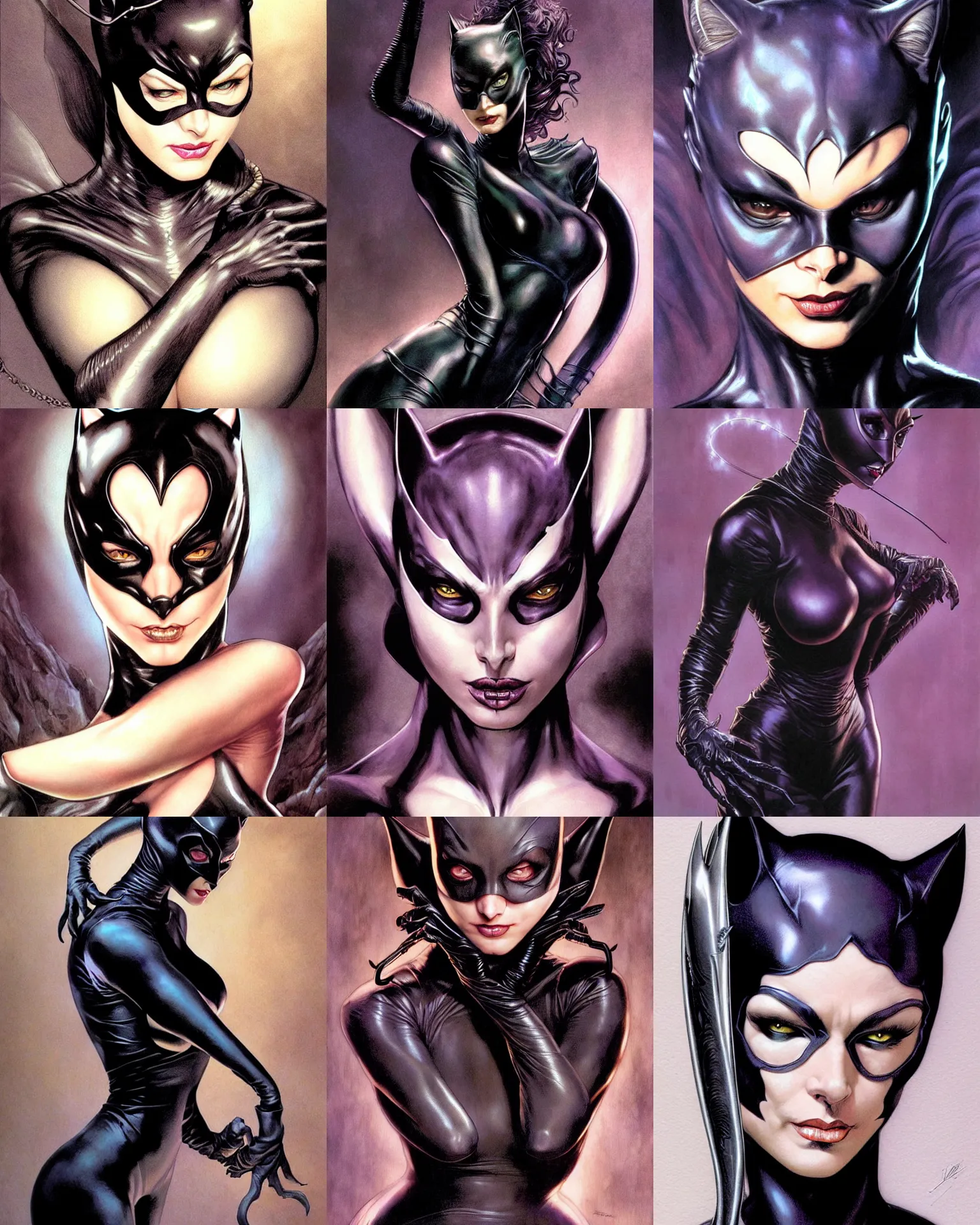 Prompt: beautiful catwoman epic fantasy art portrait, superhero, dramatic soft shadow lighting, muted colors, ultrarealistic, highly detailed by wayne barlowe, allen williams, hajime sorayama, aaron horkey, gaston bussiere,