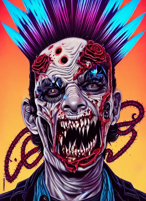 Image similar to a zombie punk rocker with a mohawk playing electric guitar, tristan eaton, victo ngai, artgerm, rhads, ross draws