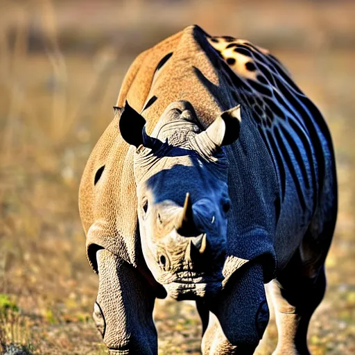 Prompt: a rhino with cheetah print spots, nature photography