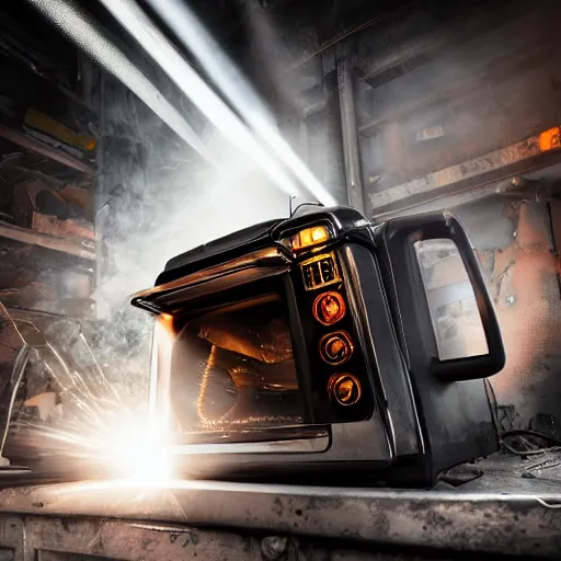 Image similar to cyborg toaster oven repairman, dark messy smoke - filled cluttered workshop, dark, dramatic lighting, orange tint, sparks, plasma rays, cinematic, highly detailed, sci - fi, futuristic, movie still