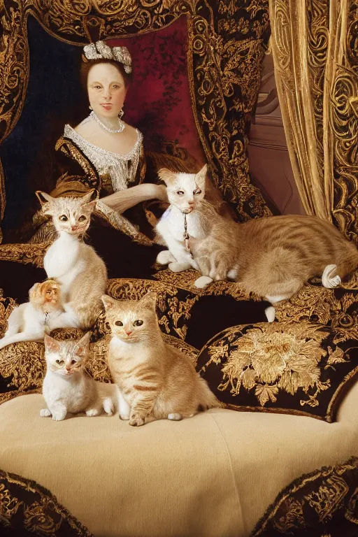 Image similar to a portrait of a royal cat and his family, on an embroidered velvet cushion on a neo - rococo gilded little bed, by yousuf karsh, photorealistic, photography, wide shot