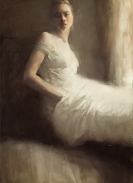 Prompt: portrait painting of a woman posing in an artistic over a bed, white lace sheets by jeremy mann, only one head single portrait