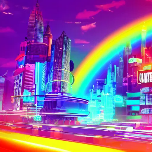 Image similar to hamster in a rainbow cyberpunk city with bright neon lights, 8 k, hd, light reflection