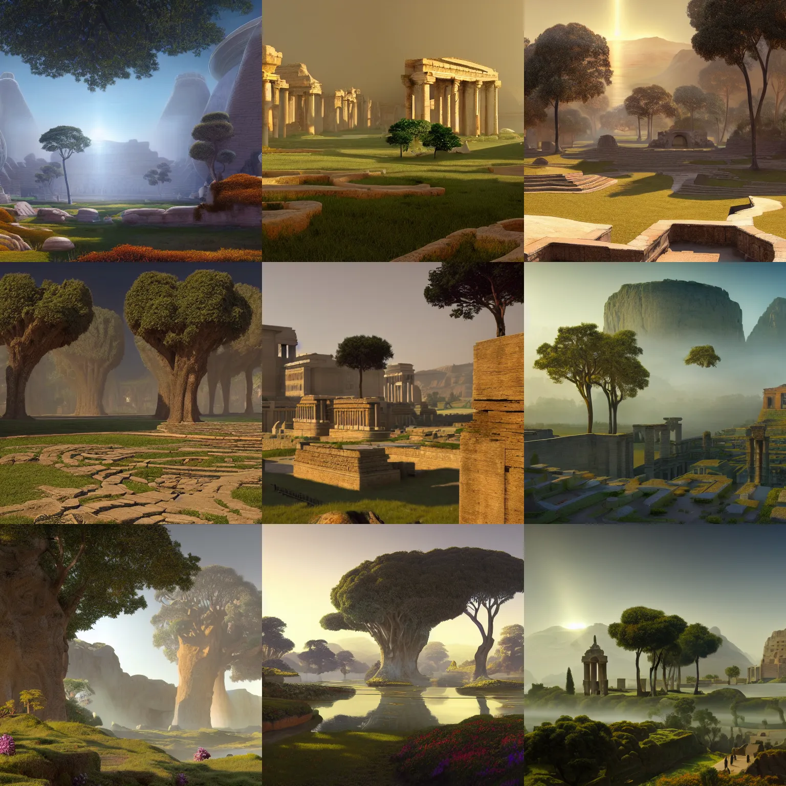 Prompt: a big and structured landscape of an ancient civilization city inspired by ancient rome with a portal to outer space 4k digital art unreal engine trending on artstation pearly flagstones, giant trees, god rays, bloom, volumetric fog, moody ambiance, cinematic lighting, twilight, sunset, rose and lavender and amber tones, Maxfield Parrish, Brom, Caravaggio, Da Vinci, Rubens, fantasy character, portfolio illustration, highly detailed, trending on Artstation, CGsociety, HQ, 8k, 35mm lens, f2.8, Bokeh